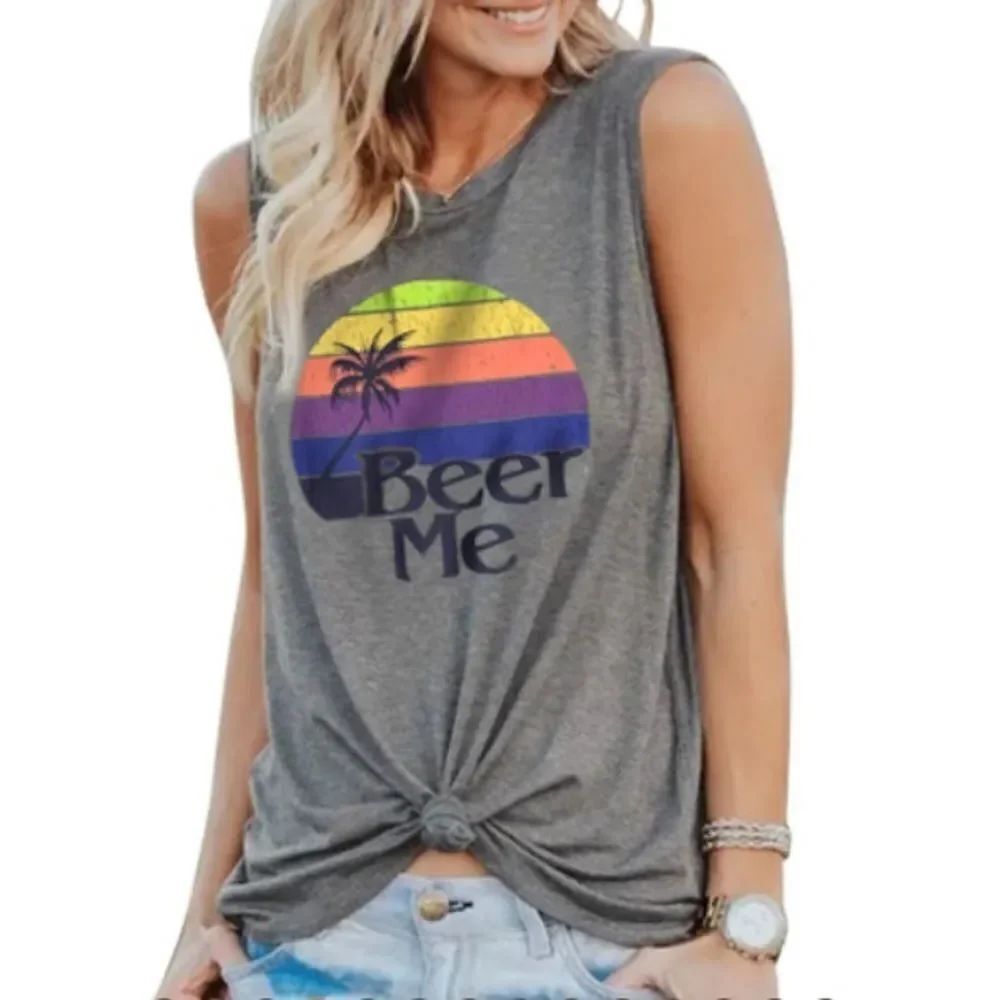 Crew neck sleeveless tee shirt Beer Me casual gray tank